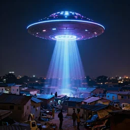 lUFO in Ajegunle slums of lagos beaming neon rays of light,
