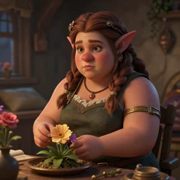 chubby female dwarven flower seller in her bedroom at night, intricate braided hair, big nose, short and plump body, soft lighting, highly detailed face, cozy atmosphere, sharp focus, artstation, secret of mana, sophie anderson, arnold armitage, loish