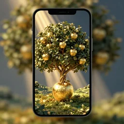 mobile app logo of a tree growing golden apples