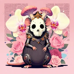 retro biomechanical rat in vintage death beath mask, fungi crown, giant orchid and rose flowers, pixiv fanbox, dramatic lighting, maximalist pastel color palette, splatter paint, pixar and disney concept, graphic novel by fiona and dustin nguyen, peter elson, alan bean, wangechi mutu, clean cel shaded vector art, on artstation