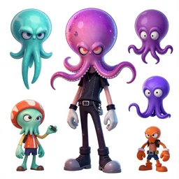 psychic punk rocker electrifying rockstar squid guy with a vampire squid for a head concept character designs of various shapes and sizes by genndy tartakovsky and splatoon by nintendo and the psychonauts franchise by doublefine tim shafer artists as well as the artist for the new hotel transylvania film