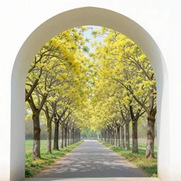an infinite archway tunnel of laburnum trees in bloom painted by emile friant