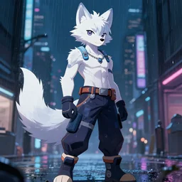 character portrait of a male anthro albino wolf fursona with a tail and a cute beautiful attractive detailed furry face wearing stylish cyberpunk pants and boots, no shirt in a cyberpunk city at night while it rains. hidari, color page, tankoban, 4K, tone mapping, Akihiko Yoshida.