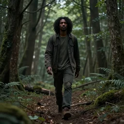 a black man with long curly hair walking into a deep florest, digital art by Irina French. 8k, 4k, realistic, detailed, artstationHD, artstationHQ.