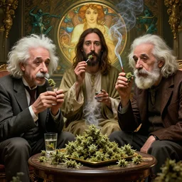 jesus, einstein and darwin are smoking weed, drunk, in the afterlife, wholesome, octane render, hyperdetailed, beautiful, art, by greg rutkowski, mars ravelo, wlop, alphonse mucha, in the style of artstation