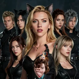 a fancy portrait of Scarlett Johansson as cat women by Greg Rutkowski, Sung Choi, Mitchell Mohrhauser, Maciej Kuciara, Johnson Ting, Maxim Verehin, Peter Konig, final fantasy , mythical, 8k photorealistic, cinematic lighting, HD, high details, atmospheric,