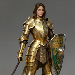 full body portrait of a female warrior medium length brown hair and a very highly detailed face wearing elegant golden plate mail armor intricately painted with green and white accents, holding a rectangular tower shield, very highly detailed, artstation, cgsociety, realistic character concept art, sharp focus, by greg rutkowski, wlop, and alphonse mucha