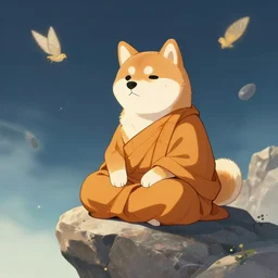 A Shiba inu monk sits on a rock and fly through space and time, Artstation