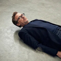 bryan cranston with a reading glasses while laying on a smooth concrete floor