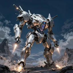 an armored core v, booster flares, legs, laser rifles, karst landscape, outdoor, dark blue sky, cloud, wilderness ground ; scifi, glowing lights intricate elegant, highly detailed, digital painting, artstation, concept art, smooth, sharp focus, thin glowing wires, illustration, art by artgerm and greg rutkowski and alphonse mucha, singularity