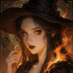 a burning witch closeup filled background around face, fantasy magic, undercut hairstyle, dark light night, intricate, elegant, sharp focus, illustration, highly detailed, digital painting, concept art, matte, art by wlop and artgerm and greg rutkowski and alphonse mucha, masterpiece