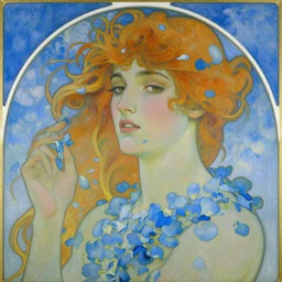 portrait of a dreamer, blue petals, summer sky, painting by alphonese mucha