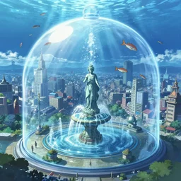 A bustling beautiful city on the sea floor in a glass dome, anime, fountain, statue, underwater, rapture, fish flying over head, godrays, a fantasy digital painting by Makoto Shinkai, trending on Artstation, highly detailed