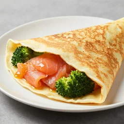 fluffy crepes filled with freshly - caught salmon and fresh broccoli, 8 k resolution, food photography, studio lighting, sharp focus, hyper - detailed