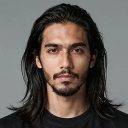 a very handsome malaysian european guy with long black hair and a beard, sigma 8 5 mm, high quality, portrait photography