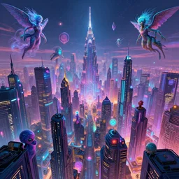 a populated psychedelic cyberpunk city with astral beings flying through it at the edge of existence where intensely creative astral beings live, in the style of wlop, illustration, epic, fantasy, hyper detailed, smooth, unreal engine, sharp focus, ray tracing