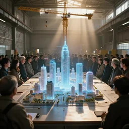 large group of people in walled warehouse, looking at hologram of futuristic city on a table, cinematic concept art, godrays, golden hour, natural sunlight, 4 k, clear details, tabletop model buildings, center model buildings, hologram center, crane shot, crane shot, crane shot