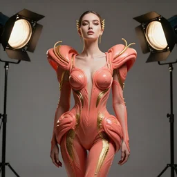 beautifull cyberpunk woman model, wearing organic coral outfit, gold tendrils, luxury materials, symmetrical, cinematic, elegant, professional studio light, real dlsr photography, sharp focus, 4 k, ultra hd, sense of awe, high fashion