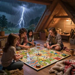 boardgame party, thunderstorm outside, cozy cabin, blanket, by herbert james harper, volumetric lighting, smooth, concept art, sharp, 4 k, highly detailed