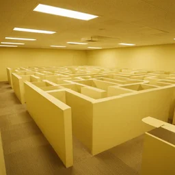 an endless maze of randomly generated office rooms and other environments. it is characterized by the smell of moist carpet, walls with a monochromatic tone of yellow, and buzzing fluorescent lights.