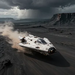 a slim angular space ship racing through a black!!! vulcanic desert, storm clouds and deep layered cliffs in the background, top view, dust cloud trailing, action shot, soft natural lighting, natural colors, sci - fi vehicle, motion blur, by sid mead and simon stalenhag and james gurney, intricate detail, octane render, unreal engine