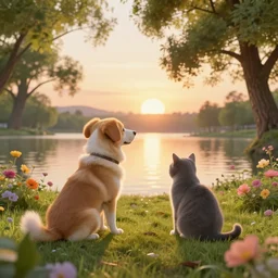 cute dog and cat sitting together looking at the sun set serene floral environment alongside a beautiful lake, art deco, oak trees, global illumination, trending on artstation, octane render, cgsociety, surrealist, cinematic, unreal engine 5