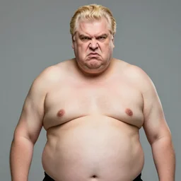 color photo of a tall, angry, obese man in his mid 7 0's, with blonde hair and an orange face, wearing a dark blue suit, a white shirt, and a red tie