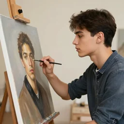 painter puts the finishing touches on his latest portrait, that of young handsome man