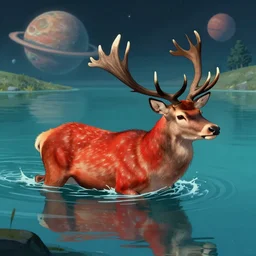 a red deer swims in the lake of an alien planet, digital art, detailed, artgerm, artstation, deviant art, by kim keever
