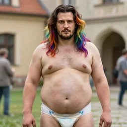 anorexic!!! henry cavill chess champion long haired rainbow colored hair lgbt rainbow haired obese dirty trans wearing diapers, looking at the camera, medium shot, fat belly, trip to legnica, very realistic film still, natural
