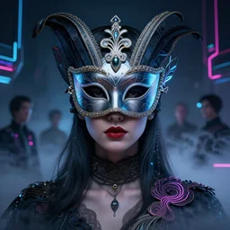 centered portrait of a beautiful masked woman wearing a venetian mask, intricate concept art, ethereal, highly detailed, artstation, smooth, cyberpunk darksynth, cinematic, mist, dramatic neon lighting, illuminated lines, outrun, vaporware, by ruan jia and ilya kuvshinov and liam wong and jeremy mann and alphonse mucha