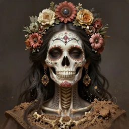 stunning mexican goddess of skull portrait, skull, cross, bones, dirt, fantasy, intricate, elegant, highly detailed, digital painting, artstation, concept art, smooth, sharp focus, illustration, art by afshar petros and krenz cushart and artem demura
