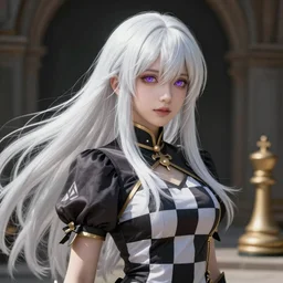An epic fantasy comic book style portrait painting of a pale girl with long straight white hair, lilac pupil, she is wearing a dress with a chess pattern, Unreal 5, DAZ, hyperrealistic, octane render, cosplay, RPG portrait, dynamic lighting
