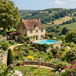 award winning photo of an ultra detailed high quality!! an old house with swimmingpool on the hills in the dordogne in france. summer. highly detailed, trees and flowers, depth of field, beautiful landscape, me standing there