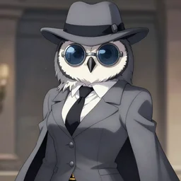 an anthropomorphic owl wearing mechanical sunglasses, grey suit, long hat, by kawacy, trending on pixiv, anime, furry art, trending on furaffinity, female mafia member