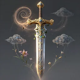 beautiful fantasy!!!! giant sword!!!! carved with decorative ornament, acanthus scrolls, lilies, ivy, energy, geometry, bones, petals, stems, ceremonial clouds, dripping paint, fibonacci rhythm, artstation, artgerm, wlop, symmetric ornaments