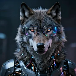portrait of robot cybernetic wolf with cyberpunk glasses, reflective lens, caustics, bokeh, dust, mechanical parts, neon wires, dark fur, closeup portrait, editorial photography, award winning, establishing shot, dark mood, dark sci fi