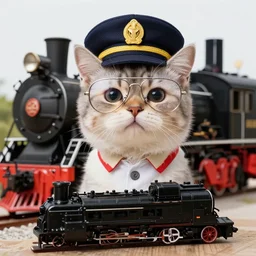 japanese doodle of a cat with aviator glasses as a locomotive engineer of a steam locomotive