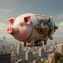 a pig-blimp, steampunk, digital art, extremely detailed, flying over a city, greg rutkowski, cinematic