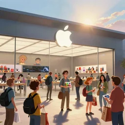 A bunch of people shopping and buying products in the interior of an Apple Store, in the style of a Where\'s Waldo image by Martin Handford, cartoon, ultra-wide shot