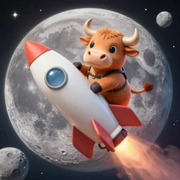 a cartoon bull riding a hyper realistic rocket to the moon