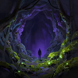 concept art by ismail inceoglu and sparth, cel shaded, cinematic shot, trending on artstation, high quality, brush stroke, vibrant colors, silent night, mysterious amethyst mine, glowing moss, lonely atmosphere