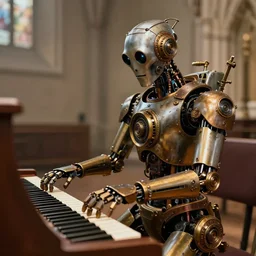 portrait of a steampunk robot playing a church organ keyboard by rembrandt