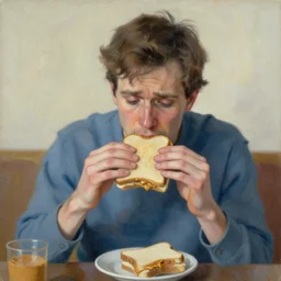 very sad man eating a peanut butter sandwich, painted by emily carr