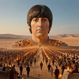 hundreds of slaves building a giant statue of the beatles in the middle of the desert, lit by candles, digital painting, artstation, concept art, craig mullins, breathtaking, 8 k resolution, extremely detailed, beautiful, establishing shot, artistic, hyperrealistic, octane render, cinematic lighting, dramatic lighting, masterpiece, light brazen, extremely detailed and beautiful face