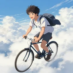 A realistic anime portrait of a breathtakingly beautiful happy man flying in the sky on his bicycle in the clouds, digital painting, by Stanley Artgerm Lau, Sakimichan, WLOP and Rossdraws, digtial painting, trending on ArtStation
