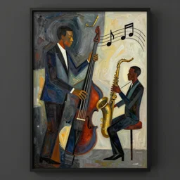 abstract art poster of jazz musicians and musical notes in the style of Stuart Davis, matte illustration, texture,