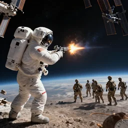 an astronaut aimed a group of soilder very far away near a space station silently and fired. trending on art station.