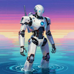 a robot that is standing in some water, an ultrafine detailed painting by ai - mitsu, pixiv contest winner, action painting, seapunk, chromatic, retrowave
