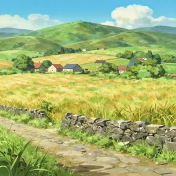 an anime movie background matte painting of a meadow in the countryside, rolling hills, cottages, wheat fields, cobblestone road, old stone wall, by Makoto Shinkai, trending on Artstation, highly detailed